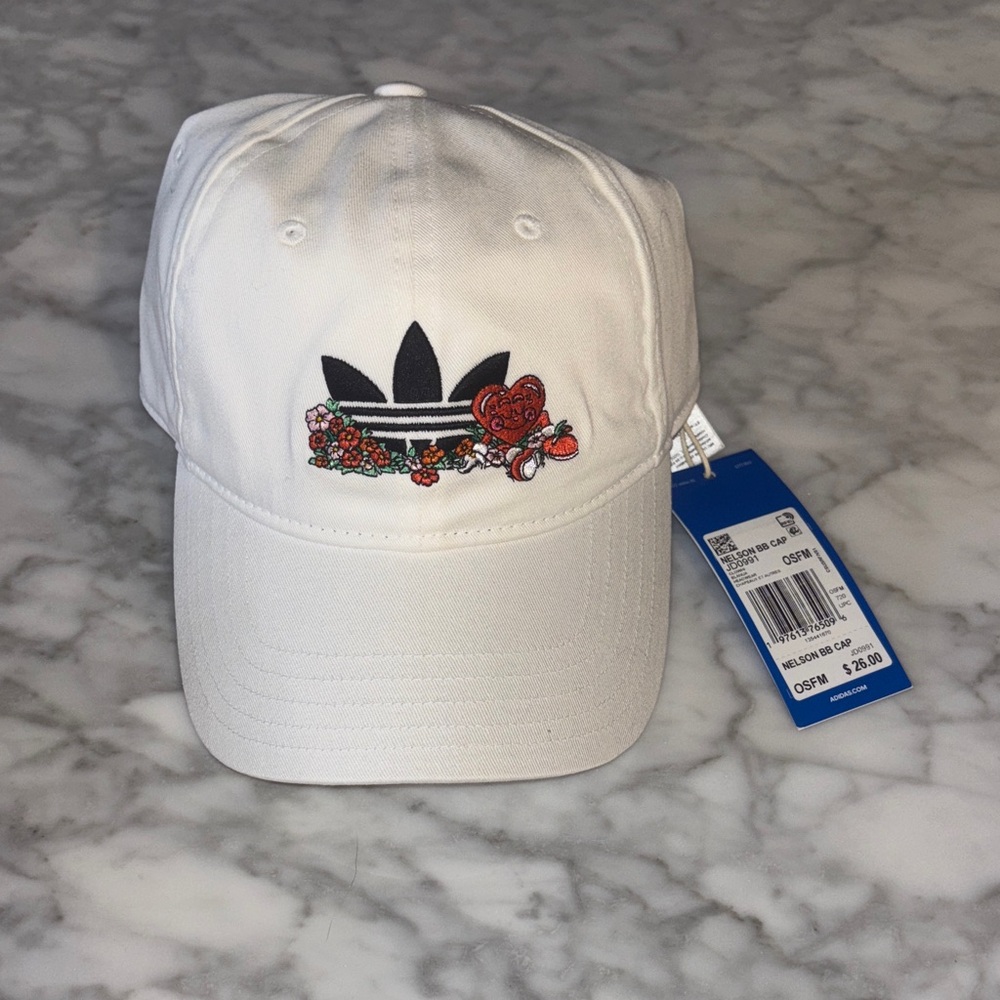 Adidas White Cap with Floral and Heart Design